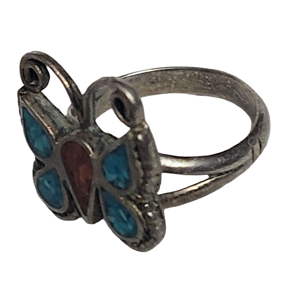 Vtg Sterling Silver Turquoise Chip Native American Hopu  Butterfly Ring Size 7 - Picture 3 of 5